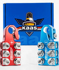 Colored Battery Terminal Clamps Set With Red Positive And Blue Negative Anode Tops, 12 Way Tapered Top Post, front view