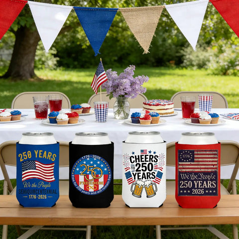 Patriotic 250th Anniversary Can Cooler Sleeves 12 Pack Neoprene Insulated Beverage Holders displayed on a picnic table