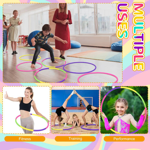 Kid playing with Eight Color Hoop Exercise Rings Set Detachable Adjustable Plastic Rings for Gymnastics and Dog Agility Training