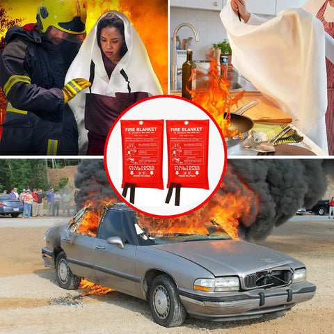 Kitchen Fire Blanket 4 Pack Emergency Safety Blankets Fiberglass Fire Suppression For Grease Fires Stoves Home Office Car Garage Camping BBQ Ready To Stop Flames Quickly shown in various emergency scenarios.