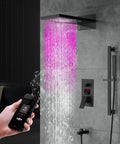 Heavy Duty 22 Inch Rectangular LED Shower System Wall Mounted With Bluetooth Audio And Smooth Thermostatic Valve Bringing Rainfall Waterfall And Hand Spray In Slick Antique Brass, featuring vibrant LED water flow.