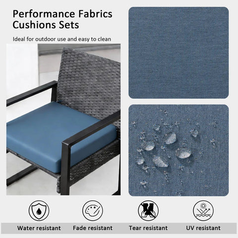 Outdoor Patio Chair Cushions 4 Pack Water Resistant Stain Resistant Weather Resistant Deep Seat Cushions With Adjustable Straps 20 By 20 By 3.1 Inch Spectrum Denim Five Year Fade Protection on wicker chair with close-up of water droplets.