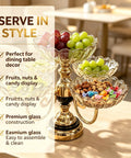 Smooth Spin Five Plate Amber Glass Serving Stand With Four Swivel Bowls And One Center Platter Gold Plated Bracket Black Crystal Details Quick Party Prep Head Turning Dessert Tray Decor with fruits and nuts display.