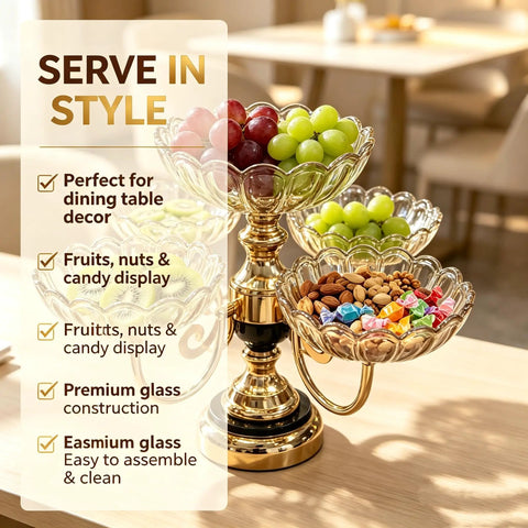 Smooth Spin Five Plate Amber Glass Serving Stand With Four Swivel Bowls And One Center Platter Gold Plated Bracket Black Crystal Details Quick Party Prep Head Turning Dessert Tray Decor with fruits and nuts display.
