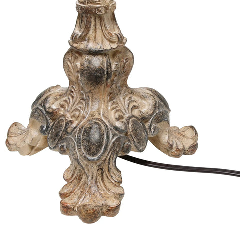 Detailed antique cream resin base of Antique Style Buffet Table Lamp With Cream Ruched Shade.