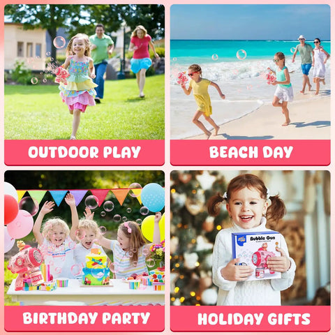 Cute Pink Bear Automatic Bubble Gun For Girls Ages 3 4 5 6 7 8 With Music And Mover Maker Blower Machine used in outdoor play, beach day, birthday party, and holiday gifts.