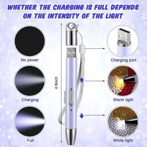 Diamond Painting Pen Kit With Light, showing dual LED drill pen and charging port, 4.9 inches, for precision crafting, purple color.