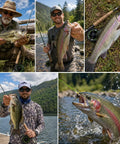 Complete Fly Fishing Gear Kit With Four Piece Rod And Pre Spool Reel shown in action with anglers catching fish in various settings.