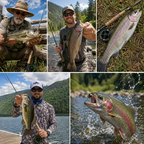 Complete Fly Fishing Gear Kit With Four Piece Rod And Pre Spool Reel shown in action with anglers catching fish in various settings.