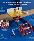 Badass Aluminum Router Table Base Featuring Slick Four Jaw Clamping Mechanism And Heavy Duty Stainless Steel Lift Rods. Precision lift design.
