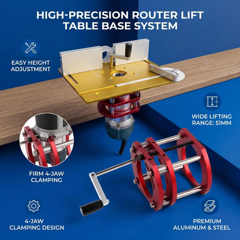 Badass Aluminum Router Table Base Featuring Slick Four Jaw Clamping Mechanism And Heavy Duty Stainless Steel Lift Rods. Precision lift design.