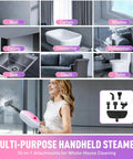 Multi-purpose handheld steamer for cleaning various surfaces, including walls, windows, and upholstery with attachments.