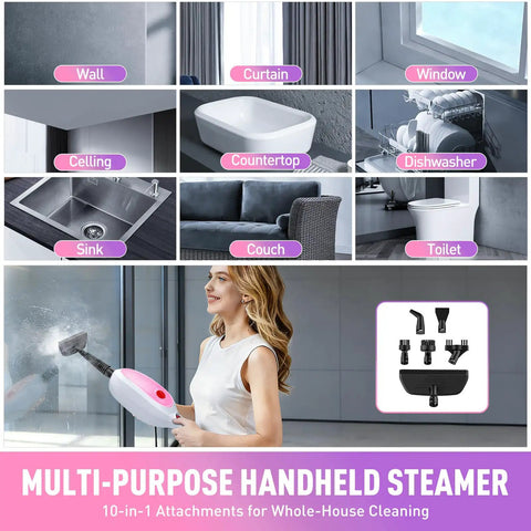 Multi-purpose handheld steamer for cleaning various surfaces, including walls, windows, and upholstery with attachments.