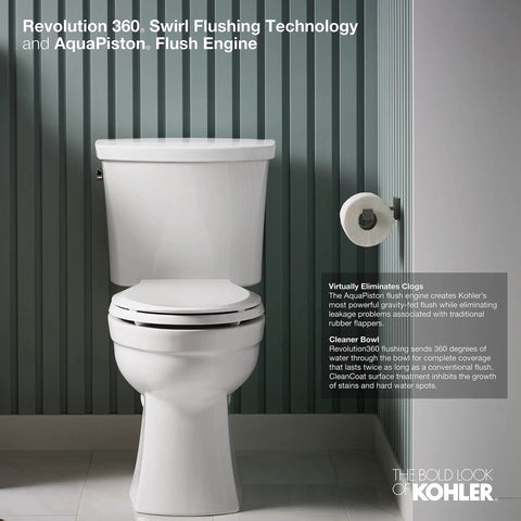 Kelston Revolution 360 Toilet Tank 1.28 GPF White With Left Hand Trip Lever AquaPiston Canister in bathroom setup