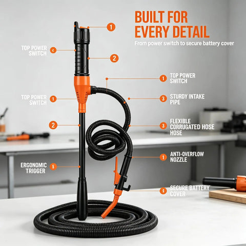 Portable 2.8 GPM Battery Powered Liquid Transfer Pump Cordless Handheld With Adjustable Flow For Vehicles Boats Lawn Equipment And Home Emergencies Perfect For Quick Liquid Transfers Orange Red. Black and orange pump with hose and nozzle