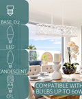 Sutton 35-Inch Five-Light Modern Island Light With Open Design Quatrefoil Metal Shade In Rustic Antique White Finish, dining room view
