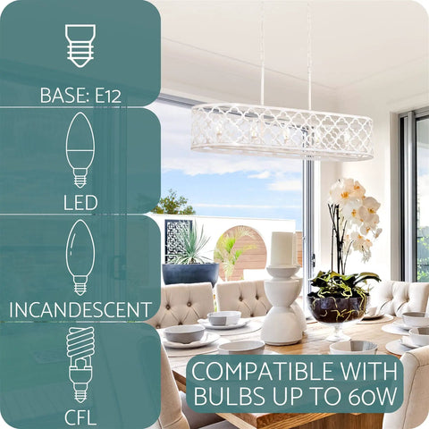 Sutton 35-Inch Five-Light Modern Island Light With Open Design Quatrefoil Metal Shade In Rustic Antique White Finish, dining room view