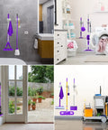 Sturdy Stainless Steel Mop Broom Wall Mount Organizer Rack with four gripper positions and hooks in various rooms