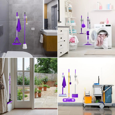 Sturdy Stainless Steel Mop Broom Wall Mount Organizer Rack with four gripper positions and hooks in various rooms