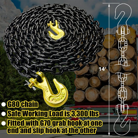 G80 Transport Binder Chain One Quarter Inch Fourteen Feet With Clevis Grab Hooks Heavy Duty Tow Chain 3,300 lbs SWL