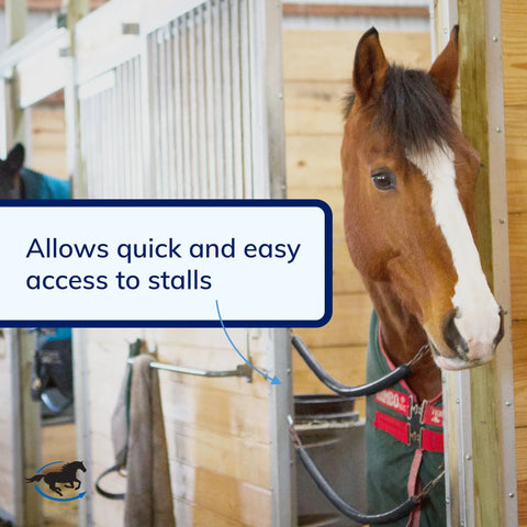 Black 45.5-Inch Stall Chain For Quick Stall Access And Smooth Airflow, Durable Barn Gear attached to horse stall door