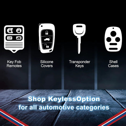 Image of key fob remotes, silicone covers, transponder keys, and shell cases with text 'Shop KeylessOption for all automotive categories'