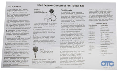Front view of OTC 5605 Deluxe Compression Tester Kit instruction sheet with diagrams and OTC logo
