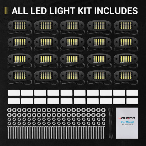 20 Pod White Rock Light Kit With 6000K Pure White LEDs, ultra-bright underglow components and accessories, easy install