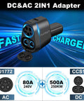 High End 2 In 1 Ccs To Nacs And J1772 To Tesla Adapter pulls 250 Kw fast charges with dual port design for EVs.