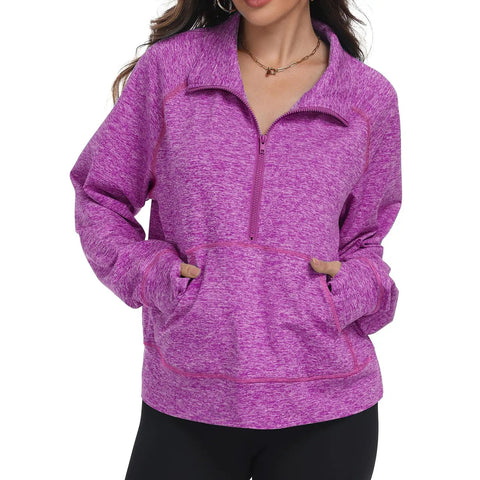 Women's Half Zip Fleece Sweatshirt With Kangaroo Pocket in Purple Rose XL, soft stretch knit, athleisure pullover, front view.