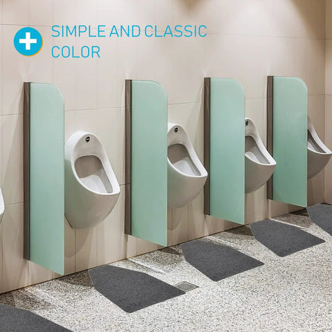 Six Pack Urinal Mats For Men Grippy Non Slip Floor Pads For Busy Commercial Restrooms Ultra Absorbent And Waterproof Gray Heavy Duty Bathroom Mats In Stock in use in busy commercial restroom with five urinals.