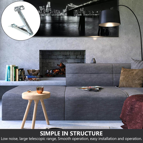 Living room with gray sofa, round wooden table, and image of Adjustable Lift Up Sofa Bed Hinge with Multi Position Support Bracket FUOYLOO.