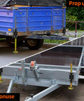 Keep Your Rig Rock Solid With Boss Grade Telescoping Stabilizer Jacks 2500 Lb Capacity Adjusts Two To Eighteen Inches Fits Farm Utility Horse And Car Haulers Includes Durable Screw Or Weld Mount Kit, showing stabilizer jacks supporting two trailers.