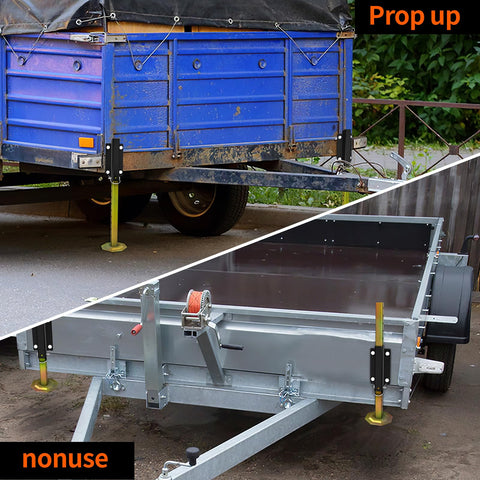 Keep Your Rig Rock Solid With Boss Grade Telescoping Stabilizer Jacks 2500 Lb Capacity Adjusts Two To Eighteen Inches Fits Farm Utility Horse And Car Haulers Includes Durable Screw Or Weld Mount Kit, showing stabilizer jacks supporting two trailers.