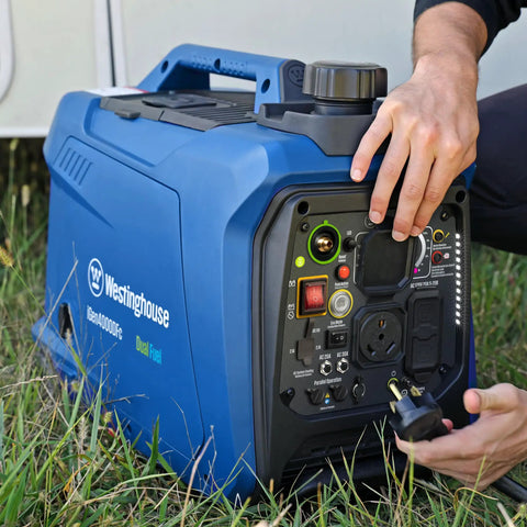 Person starting 4000 Peak Watt Dual Fuel Portable Inverter Generator With Remote Start Gas Or Propane Powered 3300 Rated Watts