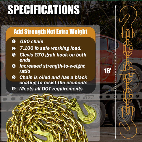 Specifications of G80 Transport Binder Chain Three Eighths Inch By Sixteen Foot Heavy Duty Tow Chain With Clevis Grab Hooks 7100 Lbs