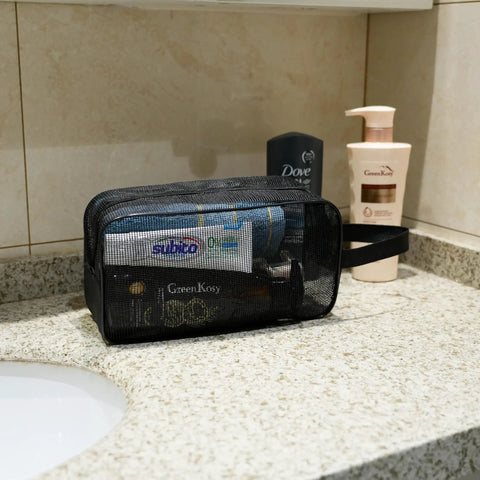 Mesh Shower Caddy Bag For Bathroom, Gym, Camping And Travel, portable toiletry organizer on bathroom counter
