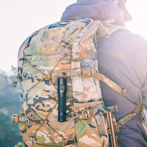 Ultra Bright 1800 Lumen LED Tactical Flashlight Beast Bright Beam Rechargeable Waterproof Dual Switch With 22 Hours Battery Life on camo backpack