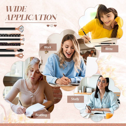 Four women using Six Pack Ballpoint Pen Set With Metal Crystal Diamond Accents for writing, studying, reading, and working.