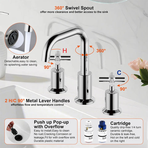 Two Handle Widespread Bathroom Faucet For 8 Inch Sink 3 Hole Mount Polished Chrome Finish With Push Up Pop Up Drain