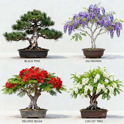 Beginner Bonsai Tree Starter Kit For Indoor Gardening featuring Black Pine, Jacaranda, Delonix Regia, and Locust Tree bonsai.