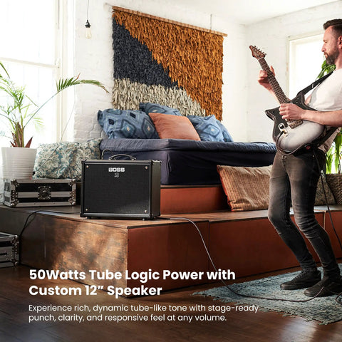 Musician playing guitar with Katana 50 Gen 3 50-Watt 1x12 Guitar Combo Amp Bundle placed on stage near plant and seating area.