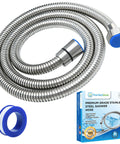 47 Inch Stainless Steel Bidet Hose Replacement Kit With Brushed Nickel Finish, coiled on white surface, with packaging