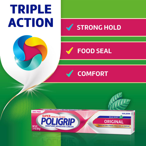 Original Denture Adhesive Cream With Strong All Day Hold No Slip Grip Food Seal And Comfort Zinc Free Mint Flavor packaging