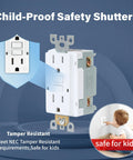 GFCI Outlet With Self Test Every 20 Seconds, Tamper Resistant Design And UL Listed GFI Receptacle shown with child safety features
