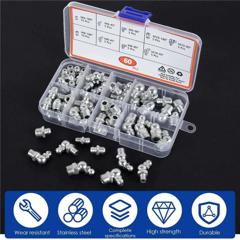 Top Tier Metric Grease Fitting Kit With 180 Pc Galvanized Zerk Nozzles For Vehicle And Engine Maintenance Featuring Anti-Leak Spring Check Valves To Keep Your Machine Running Smooth And Leak Free Like A Boss, 60-piece stainless steel case