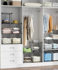 Six Cube Storage Organizer in Light Grey with metal frame, installed in closet, showing organized clothes and accessories.