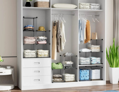 Six Cube Storage Organizer in Light Grey with metal frame, installed in closet, showing organized clothes and accessories.