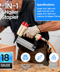 Person using 18 Gauge 2 In 1 Pneumatic Nail Gun And Narrow Crown Staple Gun for woodworking. Specifications on display.