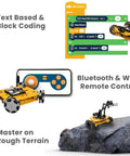 8in1 Coding Robot Kit for Adults With 8 Models and 3 Wheel Options, DIY Smart Car Kit for Beginners and Pros, Learn Python and Block Coding, Remote WiFi Controlled Robot Set, 8 In One Robotics Set for Creative Tech Projects, yellow robot on rough terrain